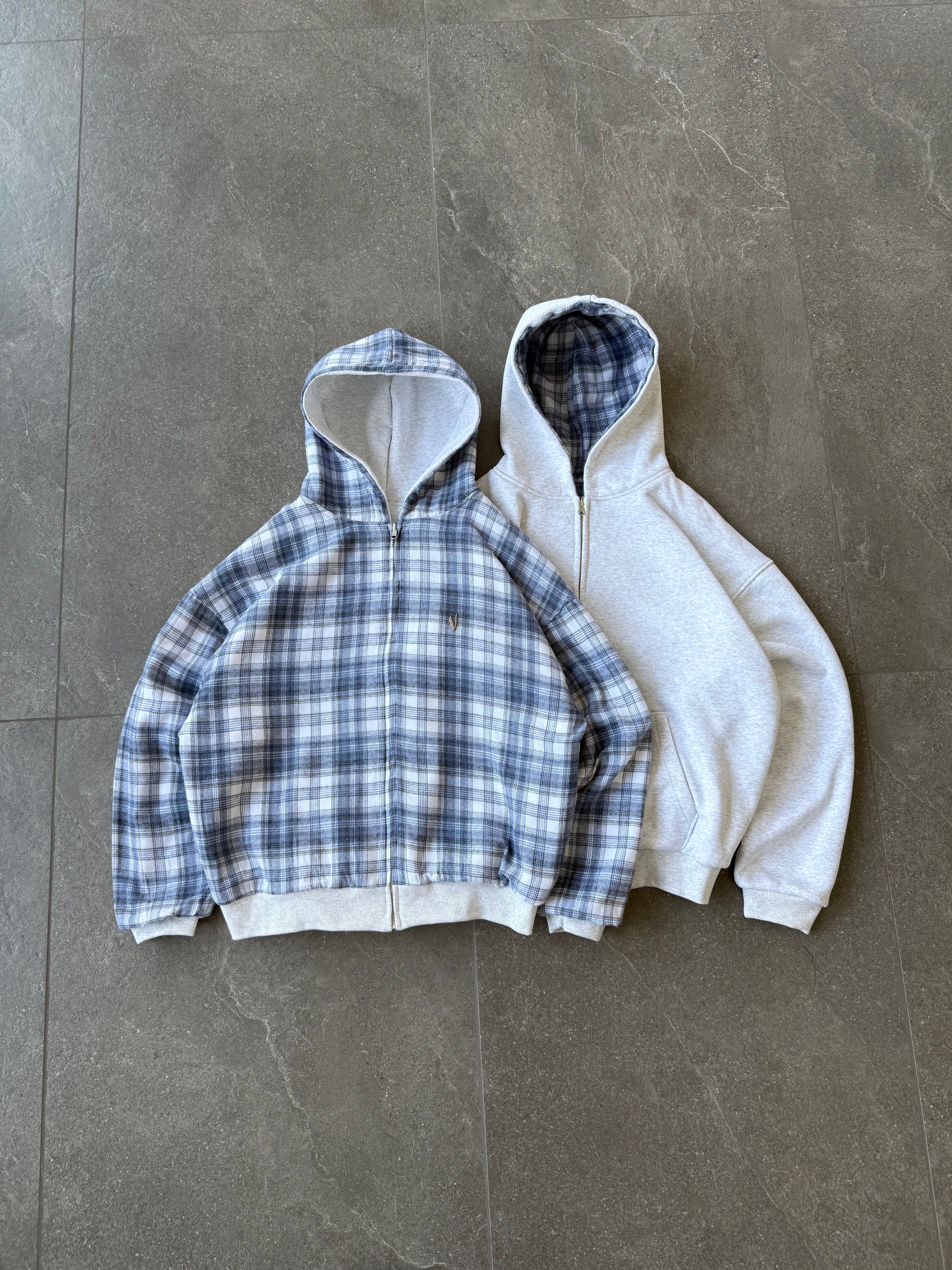 VRK Reversible Plaid Zip-Hoodie V2（Light Grey/Blue） – VRROCKCLO